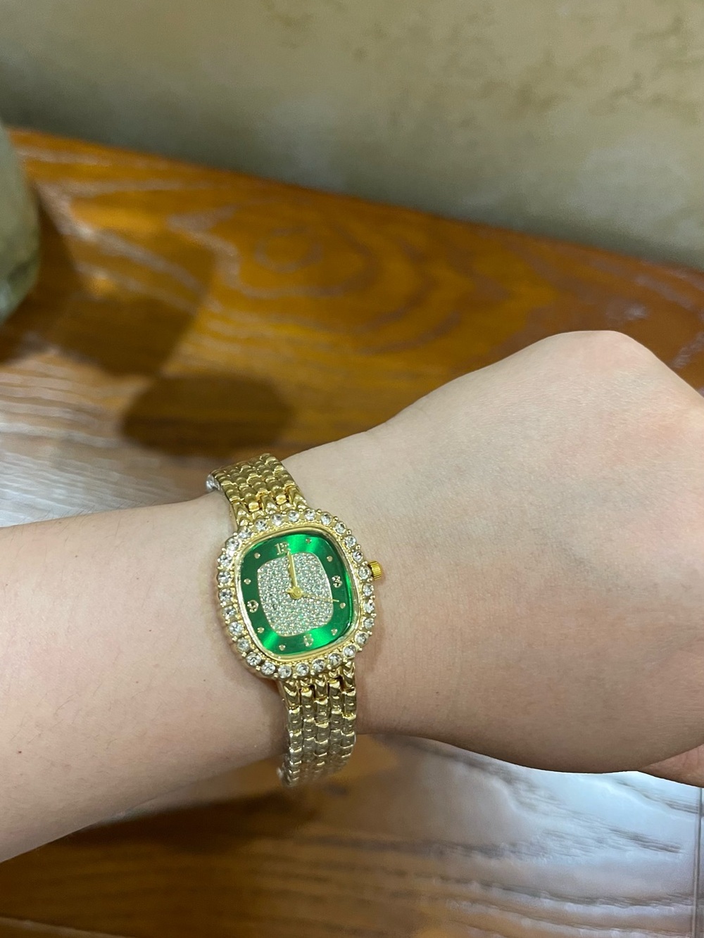 Gold Tone Bracelet Watch with Green Crystal Dial - battery included